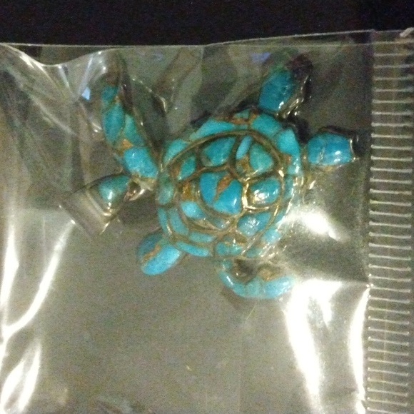 Turquoise Network Turquoise Turtle Pendant and Italy .925 marked Chain NEW - Picture 2 of 8
